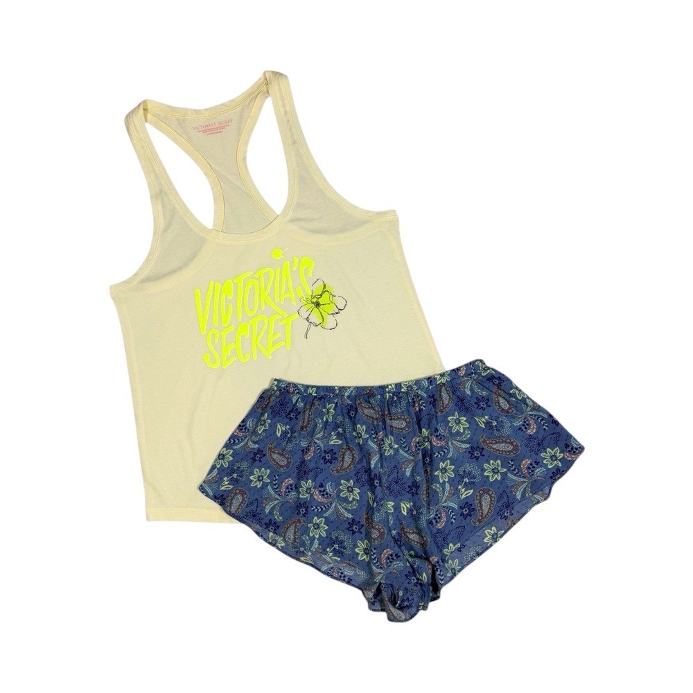 Victoria's Secret Women's Pajama Set Yellow Logo Tank S Blue Paisley Shorts XS